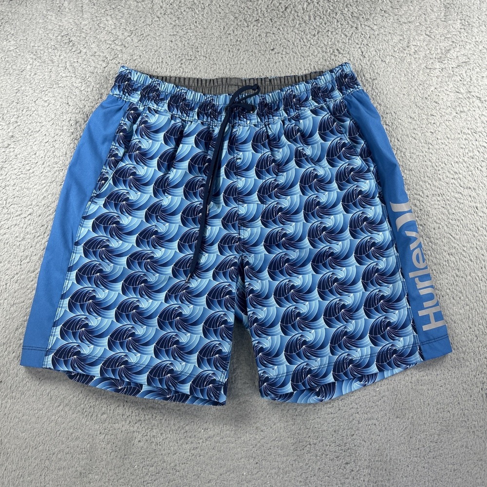 Hurley Board Shorts Mens Medium Blue Waves Elastic Lined Stretch Surf Swim Beach